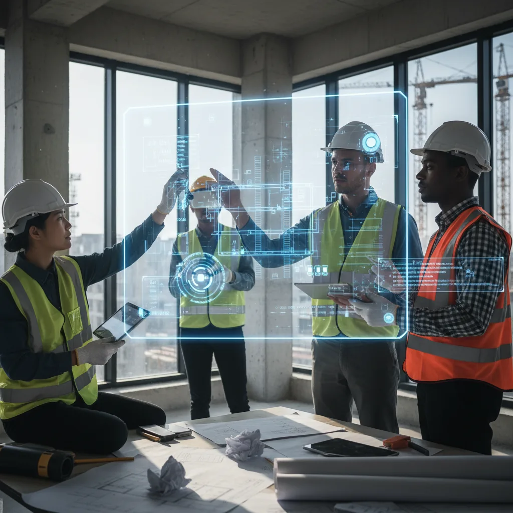 Engineers collaborating with digital blueprints