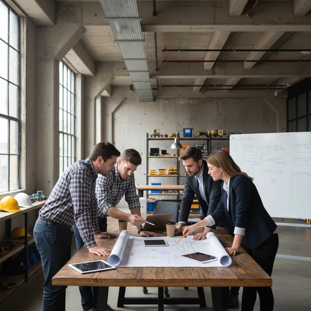 Engineers collaborating in an open plan industrial office with blueprints on the desk