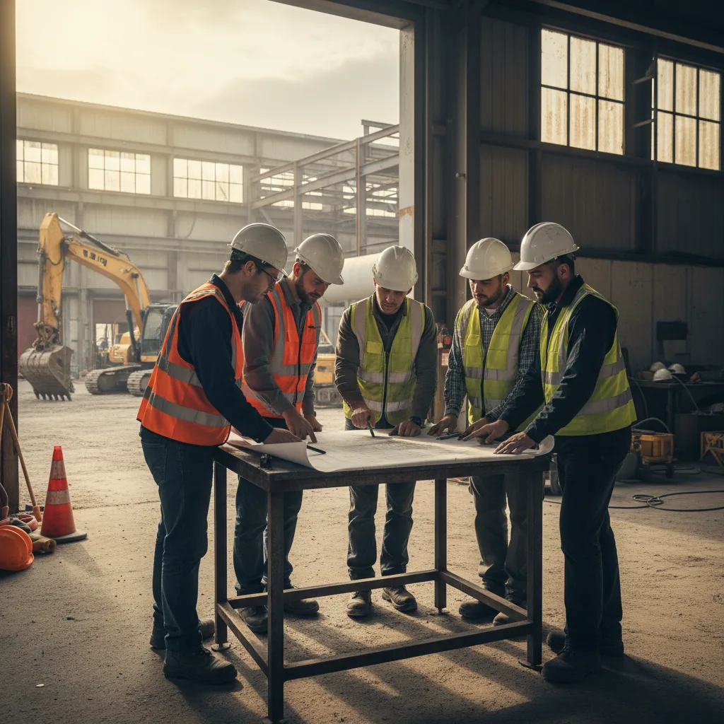 Construction team standing on facility site, examining technical blueprints