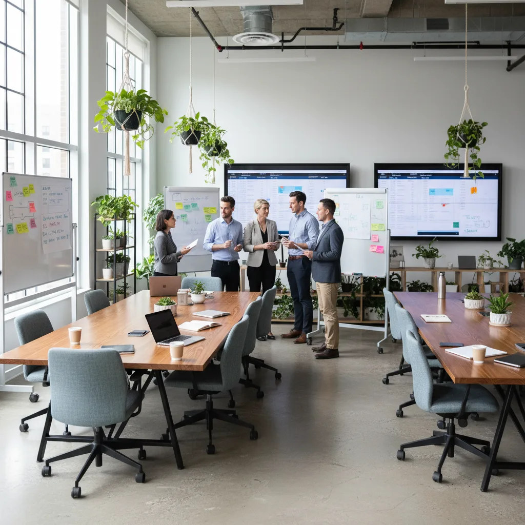 Modern industrial open workspace with digital screens and technical planning session
