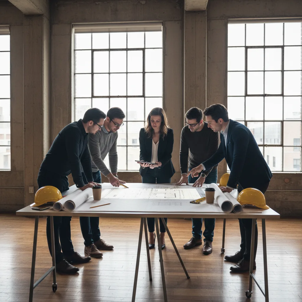 Project team reviewing large blueprints together in a conference area with technical drawings